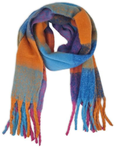 styleBREAKER Écharpe en tricot pour femmes avec motif à carreaux colorés et longues franges épaisses, hiver chaud, étole 01017138 | Étole 50x190 cm, bords 18 cm, 80% viscose 20% laine, chaude, drapable.