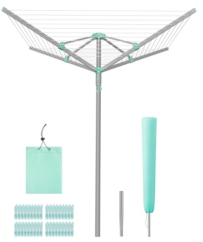 SONGMICS Rotary Washing Line, Clothes Lines for Outside, Foldable Clothes Airer, Outdoor Garden, with Clips and Protective Cover, 147.6 ft (45 m) Length, for 4 Loads of Laundry, Silver LLR306EZ01