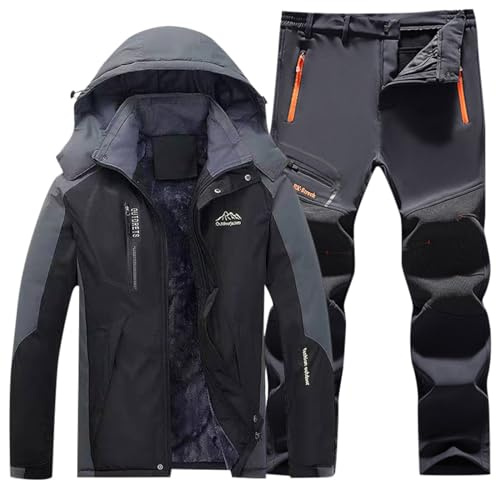 Ensemble Homme Hiver Chaude en Polaire avec Vestes Softshells et Pantalon Randonnée Tenue de Ski Randonnee Impermeable Vêtements de Randonnée 2 Pièces Imperméable Combinaison Ski de Neige Snowboard