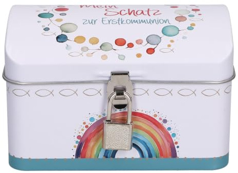 Weiße Schatzkiste aus Metall mit Schloss: Schatztruhe zur Erstkommunion bedruckt mit Regenbogen & Fischen inkl. Holz-Rosenkranz, LED-Taschenlampe, Schlüsselband, Kompass & Flummi