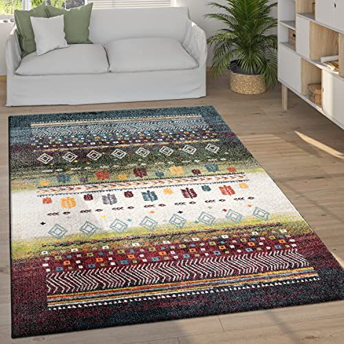 Paco Home Teppich Wohnzimmer Schlafzimmer Kurzflor Vintage Boho Ethno Skandi Geometrisches Muster Streifen Rauten Design, Grösse:160x230 cm, Farbe:Bunt 2