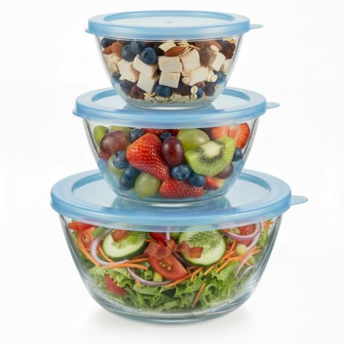 Umi Glass Mixing Food Storage Containers Salad Bowls Set with Lids for Meal Prep Kitchen,Microwave Dishwasher Safe BPA-Free Food Storage 3-Piece 500ml/800ml/1600ml
