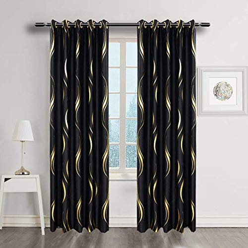 MYRU 2 Panels Set Luxury Striped Blackout Curtains for Bedroom Living Room (Black and Gold, 2 x 66x84 Inch)