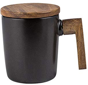 Atfung Keramiktasse mit Holzdeckel und Holzgriff, Kaffeebecher, Einfache Kaffeetasse, Porzellan Milchbecher,Geschenk-Tasse, 350ml (Schwarz)