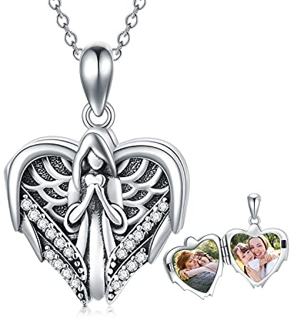 Skyddsängel hjärta medaljong halsband som håller 2 bilder personlig fotomedaljong anpassade mänskliga husdjur hundar katter bild medaljong halsband gåva för kvinnor flickor, Sterlingsilver, Kubisk