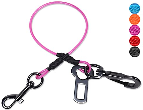 VIVAGLORY Dog Seat Belt Tuffbelt Dog Car Harness, Seatbelt with Clip & Hook for Car Travel, Chew Proof Anti Chew Unchewable Metal Safety Tether Restraint, XL, Pink
