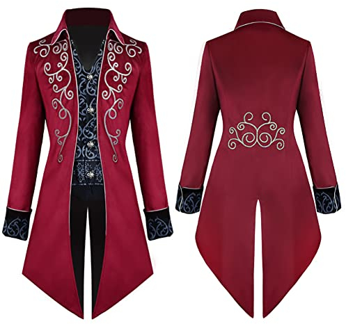 Mittelalter Kleidung Herren Frack Jacke Smoking Steampunk Mantel Gothic Männer Captain Jack Sparrow Kostüm Halloween Karneval Faschingskostüme Viktorianisches Renaissance Vikings Gehrock Rot 3XL