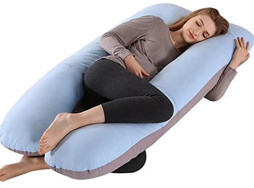 FANSU U-förmiges Schwangerschaftskissen, Seitenschläferkissen Komfortkissen&Weich Ganzkörperkissen für Erwachsene Für besseren Schlaf und gegen Rückbeschwerden (130x70cm,blau-grau)