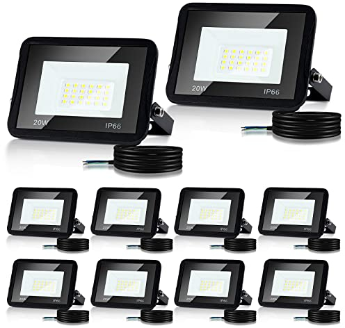Lospitch Lot de 10 20W Projecteur LED Extérieur, Super Lumineux 1700LM Blanc Froid 6000K Spot LED Extérieur, IP66 étanche Éclairage LED pour Patio, Garage, Jardin, Usine (sans prise)