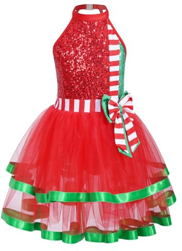 Manyakai Kids Girls Christmas Elf Dress Dance Costume Shiny Sequins Ballet Dance Figure Ice Skating Leotard Tutu Dress Red 9-10 Years