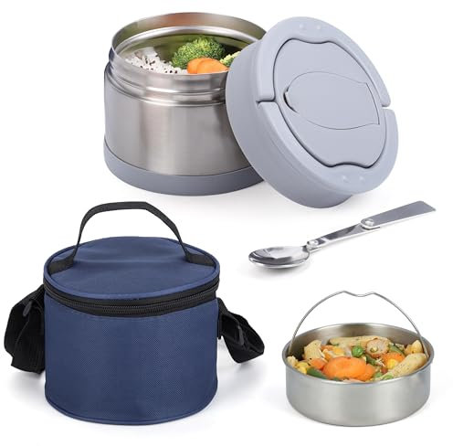 BELLE VOUS Termo Contenedor de Alimentos Solidos - Fiambrera Termica 700 ml con Cuchara y Bolsa - Taper para Comida Caliente Papillero Bebe - Mantiene la Temperatura por 6-8 Horas