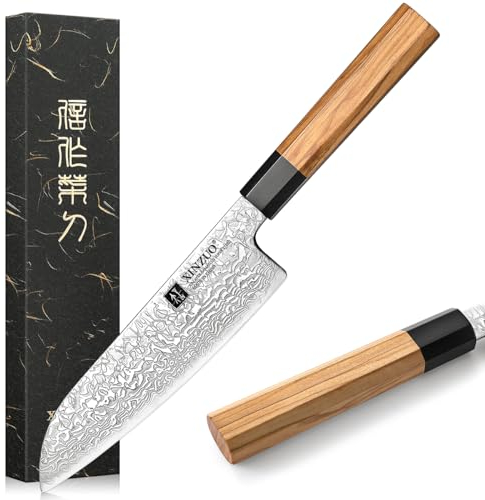 XINZUO 18,5cm Coltello Santoku, 67 Strati Acciaio Damasco Coltello da Cucina Multifunzione Coltello per Verdure Carne Professionale Coltello da Cuoco, Manico in Legno d'Ulivo Ottagonale Fatto a Mano