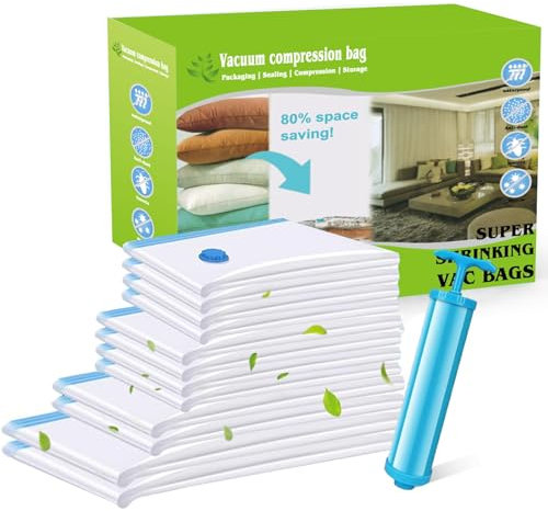 NINGESHOP Sac Sous Vide Vêtement Aspirateur + 12 Pièces 100X80cm 70x50cm 80x60cm 60x40cm avec Pompe Housse Aspirable Rangement, Sac de Compression Voyages Réutilisables pour Vêtements, Literie