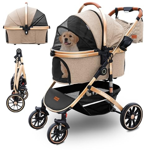 Pettingzoo Dog stroller with 4 Wheels, Folding Cat Stroller for Small/Medium/Large dogs & cats to 60 lbs, pet stroller with removable carrier, Storage BasketCup Holder,3 in1 Multifunctional Detachable