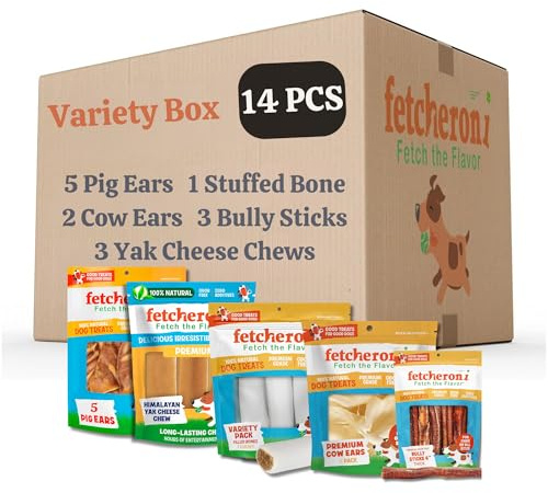 FETCHERONI Dog Treat Variety Box - Variety Box Consists of 5 Pig Ears, 3 Yak Cheese Chews, 3 Bully Sticks, 2 Cow Ears, and 1 Dog Bone - Long Last Dog Chew Treats - All Treats are 100% Natural
