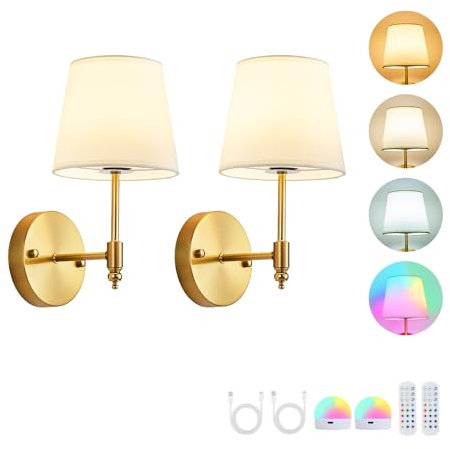 Pingxihule Battery Operated Wall Sconce Set of 2,Gold Wireless Wall Light with Remote Control,RGB Dimmable 15 Colors,Rechargeable Bulbs Cordless Lamp for Indoor Bedroom Bathroom Living Room