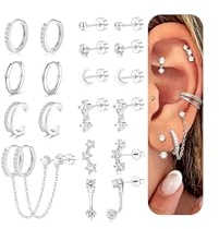 Roheafer 10 Paar Ohrringe Silber Set für Damen 14 Karat Vergoldet Kleine Ohrstecker Tragus Helix Doppel Piercing Creolen mit Kette Hypoallergene Goldene Ohrringe Mehrfache Piercings