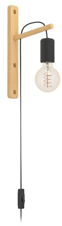 Eglo Lampada da parete per interni Pockley, a muro vintage, stile naturale, regolabile in altezza con spina e interruttore, legno chiaro metallo nero, certificazione FSC, attacco E27