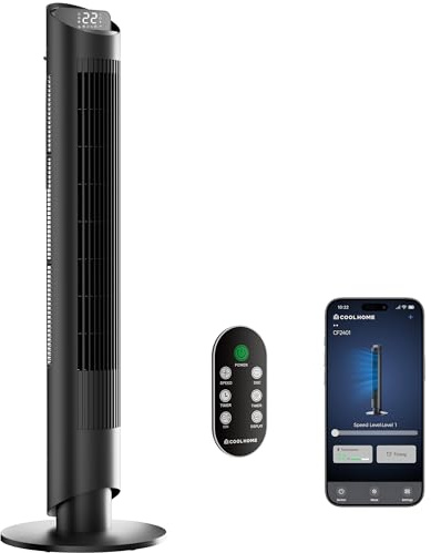 CoolHome CF2401 Turmventilator mit Fernbedienung, App - Leiser Standventilator mit Timer, LED - Ventilator kindersicher für Schlafzimmer - Quiet Tower Fan with Remote - Schwarz - 102 cm