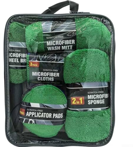 Kit completo di lavaggio auto da 9 pezzi con panni in microfibra, tamponi per lucidatura e spazzole per una pulizia dettagliata del veicolo (verde)