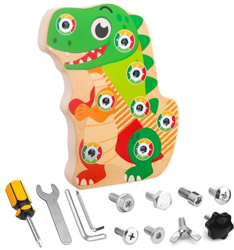 Liangding Tablero de Tornillos Montessori con Dinosaurio, Juguete de Madera con 8 Tornillos y 4 Herramientas, Juego de Herramientas para Atornillar y Desatornillar, Motricidad Fina, Niños 3 4 5 Años