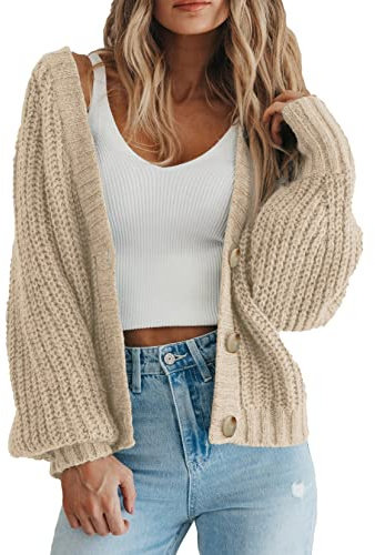 LLECDASEUI da Donna Grosso Maglia Aperto Davanti Maglione Manica Lunga Bottone Sciolto Corto Cardigan Capispalla Cappotti (Albicocca,L)