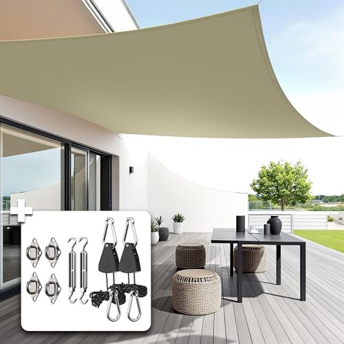 Menz Sonnensegel rechteckig 3x4m Beige mit Sonnensegel Befestigung Set – Wasserdicht UV50+ Sonnenschutz Balkon – Segeltuch Sonnenschutz für Balkon Terrasse Garten Außenbereich – Windfest