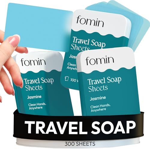 FOMIN - Antibacterial Paper Soap Sheets Tin for Traveling - (300 Sheets) Jasmine - Portable Travel Hand Soap Sheet, Dissolvable Mini Camping Hand Soap for Hand Washing