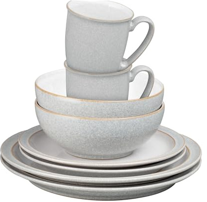 Denby - Elements 8 Piece Dinner Set For 2 - Light Grey, Dishwasher, Microwave Safe, Oven Proof Plate & Bowl Set - 4 x Lunch Plates, Dinner Plates, Cereal Bowls & Coffee Mugs - Chip Resistant Tableware