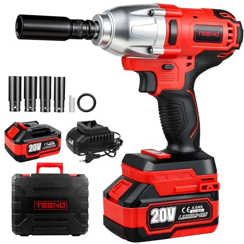 TEENO Clé à Chocs Sans Fil Brushless,Couple Maximal 600 Nm,1/2Boulonneuse à Choc Electrique avec 1x4.0 Ah,Visseuse à Chocs avec 4 Douilles à Chocs(18/20/22/24mm)，Idéale pour Démontage Pneus Auto,etc