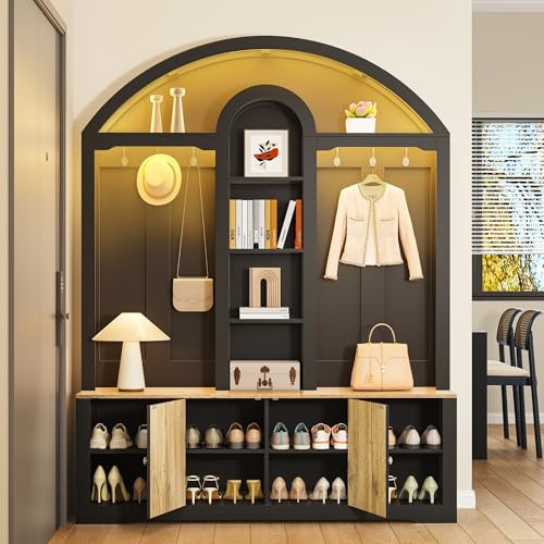 KecDuey Armadio per ingresso, Armadio guardaroba multifunzionale con scarpiera, ripiani e ganci, Armadio guardaroba in robusto MDF con design moderno e pratico spazio di archiviazione (Nero)