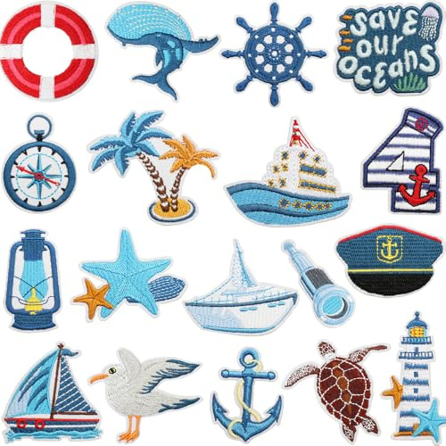 YGCHEN Patch Ricamato Nautico, Set da 18 Patch Termoadesivi Marini, Riparazione o Decorazione, Adesivi da Stiro per Giacca, Jeans, Maglietta, Regalo per Amanti del Mare