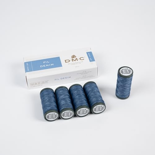 DMC - Fil à Coudre Denim | Lot de 5 bobines de fil à coudre denim | bobines de 100 mètres | Fil résistant pour Jeans et Tissus épais | Couleur (Bleu chiné clair)