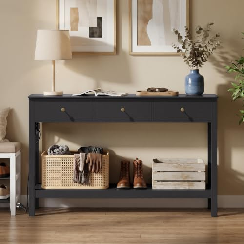 Xbro smalt konsolbord med grenuttag, hallbord med 3 lådor och hylla, sidobord med USB-portar, soffbord för hall, vardagsrum, kök, 130 x 30 x 80 cm, svart