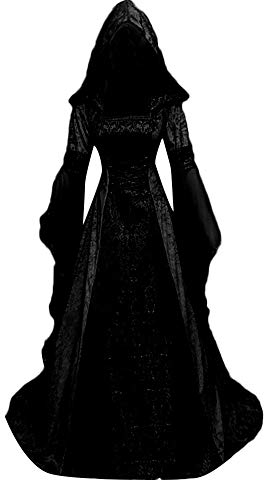 VEMOW Karneval Cosplay Party Ballkleid Damen Mode Langarm Mit Kapuze Mittelalterliches Kleid Bodenlangen Cosplay Kleid(Schwarz, 38 DE/XL CN)