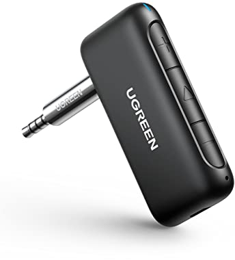UGREEN Récepteur Bluetooth 5.0 Voiture Adaptateur Bluetooth Aux 3.5mm Jack Kit Mains Libres Réduction du Bruit avec Mic Intégré pour Streaming Maison Kit Auto Haut Parleur Chaine HiFi Stéréo