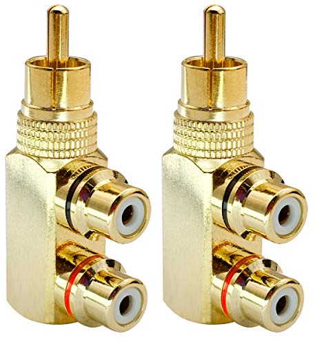 AAOTOKK Angolo Retto RCA Y Splitter Adattatore, Placcato in oro 90 Gradi RCA Maschio a 2 RCA Femmina Jack Audio Video Y Splitter Adattatori AV TV AV Connettore Metallico(2 Pezzi/1 a 2)