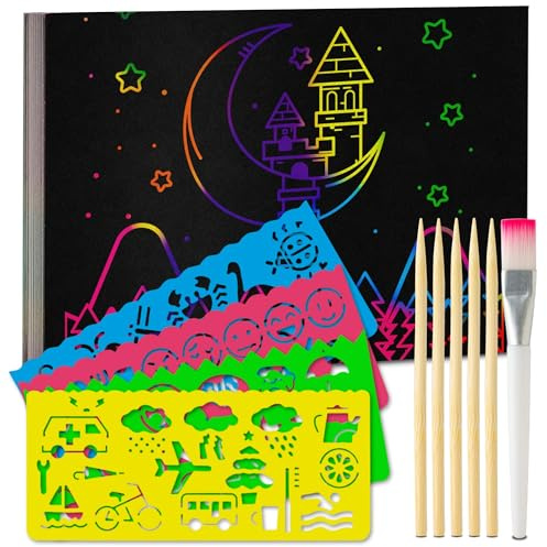 Scratch Picture Set for Children and Adults I 55 Sheets I Rainbow Scratch Paper for Drawing and Crafts I with Stencil Rulers, Wooden Pencils, Stickers and Brushes I 13 x 19 cm