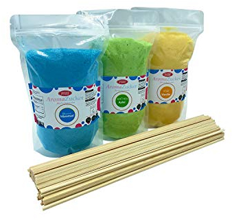 Eventset XL 3 Kg Zuckerwattezucker inklusive 200 Zuckerwattestäbe 40 cm (Set 1 Kaugummi, Vanille, Apfel + 200 Stäbe)