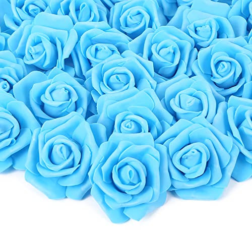 Artificial Rose Flowers, 100 pcs Foam Rose Bulk Blue Fake Flower Heads for DIY Wedding Bouquets Rose Wall Kissing Balls Bridal Shower Centerpieces Arrangements Party Tables Decorations(Light Blue)