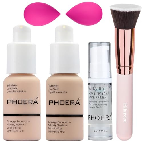 PHOERA Foundation, PHOERA Maquillaje para mujeres, base líquida mate PHOERA con cobertura total, base PHOERA Corrector (101 Porcelain + 102 Nude)