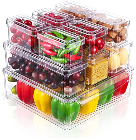 Jospl kylskåps sorterare set om 10, transparent stapelbar förvaringslåda, sorterare set liten kylskåpslåda, skafferi, förvaringslåda för kök, kylskåp, skåp, hyllor, badrum