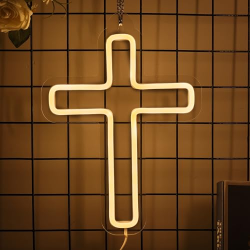 Jesus Cross Neon Signs LED Neon Hanging Wall Night Lights for Christmas Christ Home Decor Gifts, Soft Warm White Color Night Lamp