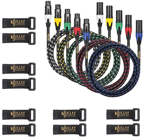 Clef Audio Labs XLR Male to XLR Female Cable - 1FT, 5-Pack - Black Zinc Alloy Shell with 5-Color Braided Design - Professional Grade Balanced Audio Cable for Studio Recording, Live Performance, More