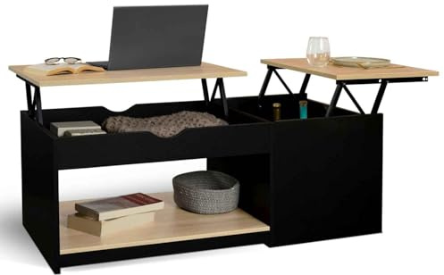 IDMarket – Mesa Baja con 2 bandejas elevables Rectangular EYLA con baúl de Madera Negra y Forma de Haya