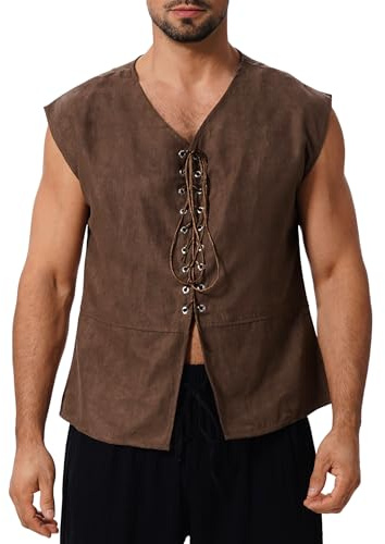 FYMNSI Men Women Medieval Vest Suede Leather Pirate Tank Top V-Neck Lace Up Renaissance Vintage Steampunk Gothic Sleeveless Waistcoat