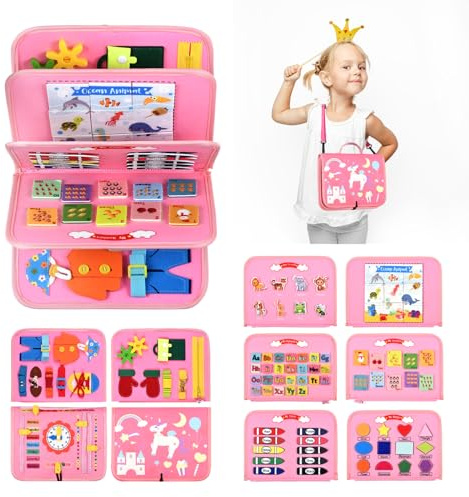Busy Board Montessori Toys, Busy Book for 3 4 5 6 Year Old Girls Travel Toy | Preschool Educational Toys for Fine Motor Skills, Sensory Toy & Travel Game for Kids, Birthday Christmas Gift for Toddlers