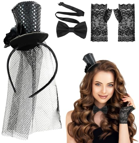 Meanju 3 Stück Mini Top Hut Haarreif Set,mit Spitzenhandschuhe und Schwarz Fliege,Schwarz Zylinder Hut Haarreif,Karneval Party Kopfschmuck Accessoires,für Halloween Karneval Cosplay Kostüm Zubehör