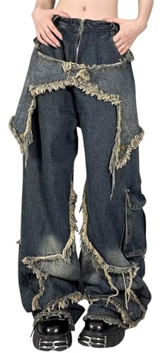 Y2k Jean baggy pour femme - Long - Décontracté - Délavé - Avec motif d'étoile - Coupe droite - Vintage - Jambes larges, bleu, S