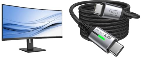 Philips 346B1C - 34 Zoll WQHD Curved USB-C Docking Monitor, höhenverstellbar & INIU USB C Kabel, 100W [2m] PD3.0 Schnellladekabel USB C auf USB C
